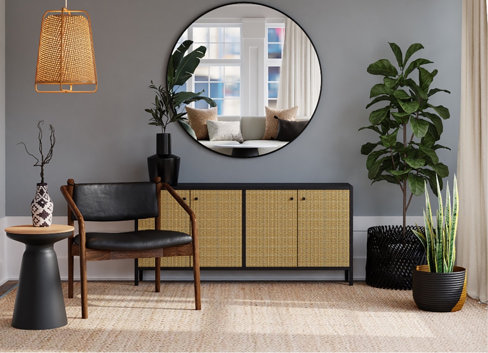 Moderne woonkamer met grijs renovlies behang.